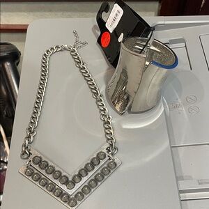 Silver Metal Chain Necklace and Cuff Bracelet Bundle